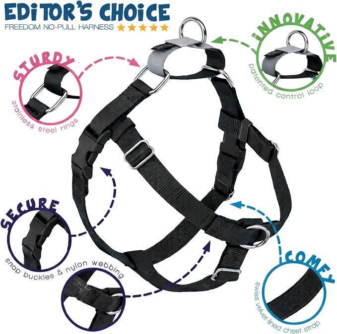 2 Hounds Design Freedom No Pull Dog Harness, Adjustable Harness and Leash Set, Easy Walking & Comfortable Control, Fits Small, Medium & Large Dogs, Solid Colors, Made in USA, 1" LG, Black