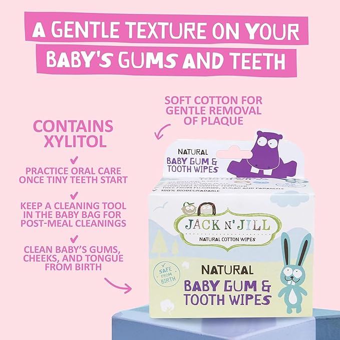 Jack N' Jill Baby Gum & Tooth Wipes - Natural & Safe, Contains only Water & Xylitol, Soft Sterilized Cotton, Free from Fluoride & Sugar, Baby Mouth Wipes - 25 Count, Individually Wrapped