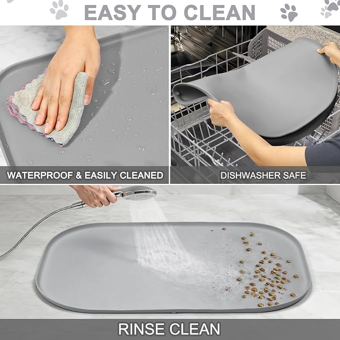 SMILOOL Waterproof Silicone Pet Food Mat with Raised Edge for Dog & Cat | 36" x 24" Non-Slip Large Pet Feeding Mats with Lip for Food & Water Bowl, Food Grade, Easy Cleaning, Light Gray
