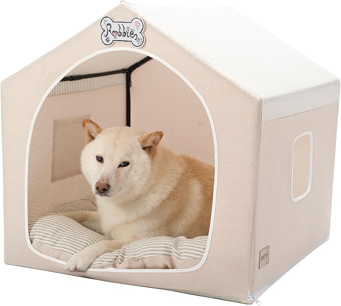 Indoor Dog House with Frame,Cute Dog Tent Bed with Cover Cave,Beige | Breathable,Washable,and Foldable House, Suitable for 22-40 Lb, Large (25"×25"×25"),Inside Dog House