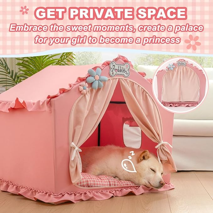 Indoor Dog House with Frame,Cute Dog Tent Bed with Cover Cave,Pink | Breathable,Washable,and Foldable House, Suitable for 22-40 Lb, Large (25"×25"×25"),Inside Dog House