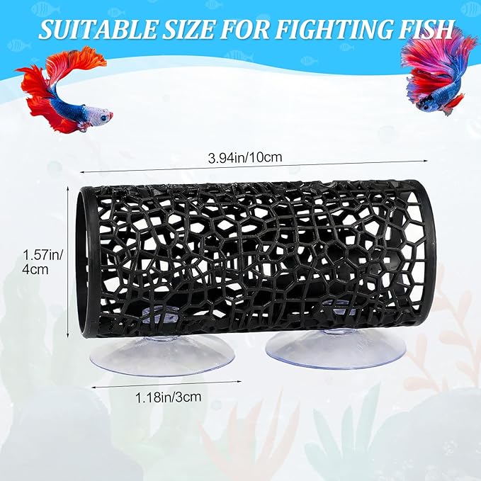 Betta Fish Tank Accessories, 2 Pcs Black Tunnel Cave with Suction Cups, Hollow Hammock Hideout Tube Shelter for Small Fish Shrimp Guppies