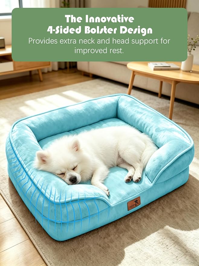 Spotted Play Orthopedic Dog Bed with Sides - Sofa Beds for Small Dogs, Supportive Foam Pet Couch Bed with Washable Removable Cover, Waterproof Lining and Non-Slip Bottom, Ice Blue - S