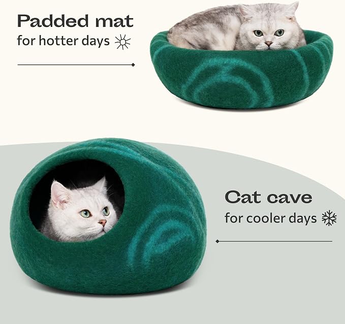 Cat Cave – Premium Felt Cat Bed Enclosure for Indoor Cats, Handmade Merino Wool (Emerald, Medium)
