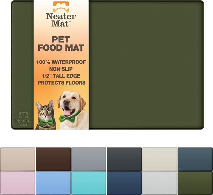 Neater Pet Brands Neater Mat Pet Mats for Food and Water, Cat & Dog Bowl Mat Waterproof Silicone, Feeding Tray, Dog Food Mats for Floors, Placemat w/Raised Edge for Under Bowls, 16” x 10”, Olive