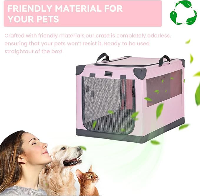 PETSFIT 36" Soft Portable Dog Crate – Patented Spiral Sturdy Frame, Collapsible Travel Kennel for Medium & Large Dogs, 3 Mesh Door, Lockable Zippers, Indoor & Car Use Pink