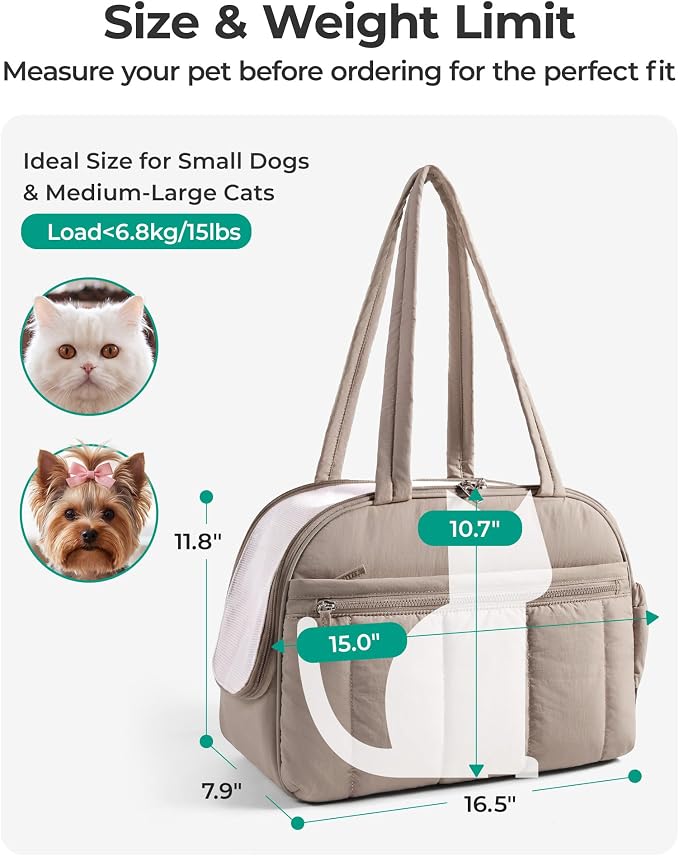 BAGSMART Dog Purse Carrier for Small Dogs Up to 13lbs Puppy Travel Tote Bag | Quilted Puffy Soft Sided Pet Handbag with Pockets, Collapsible Lightweight Portable Carrying with Safety Tether & Mat, Pink