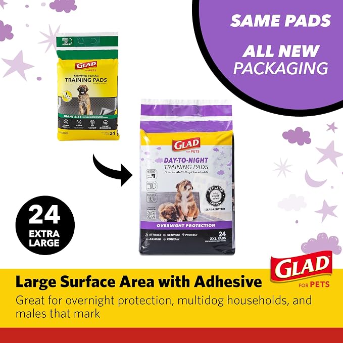 Glad for Pets Giant Activated Carbon Training Pads, 30 x 36 In, 24 Ct, 2-Pk | Adhesive backing and wall protection for leak-proof, super-absorbent day-to-night coverage