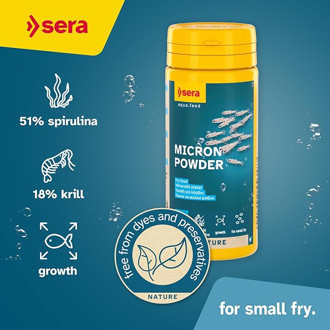 Sera Micron Powder 50ml (1,7 fl oz) | Ultra-Fine Fry Food with Krill & Spirulina for Fish & Amphibian Larvae | Free from Dyes & Preservatives | Supports Growth & Color