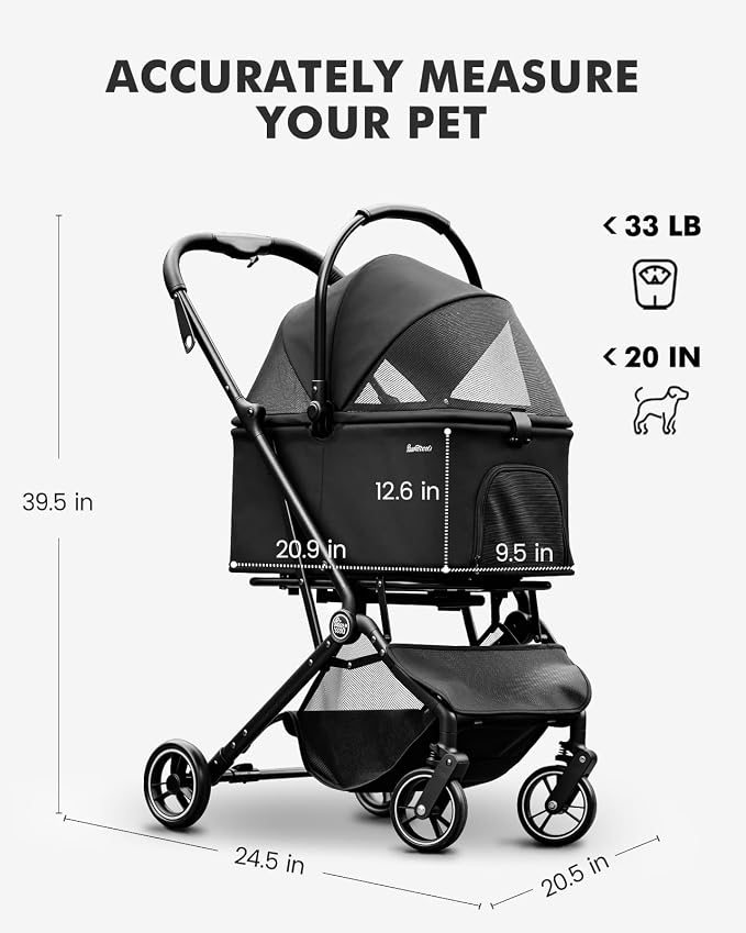 4 Wheels Pet Stroller, Dog Stroller for Small/Medium Dogs and Cats up to 33 lbs, One-Click Fold & Draggable, Removable Carrier, Zipperless Entry, Mesh Windows, Black