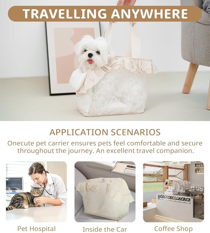 ONECUTE Dog Carrier for Small Dogs Rabbit cat with Lace Design, Cotton Bag, Dog Carrier Soft Sided, Collapsible Travel Puppy Carrier (Beige, 9.4" L x 5.9" W x 9.4" H)