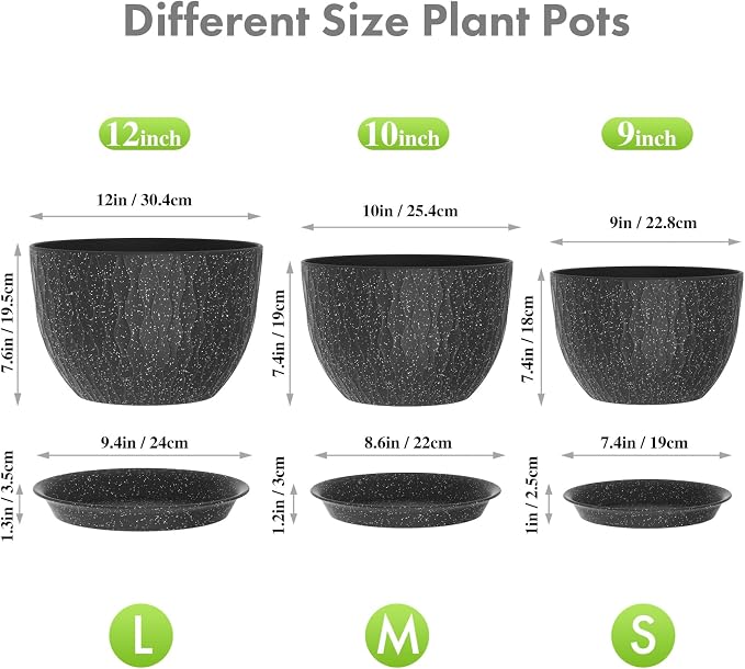 Meowell 12/10/9 inch Large Flower Pots, 3 Set Big Plant Pots for Outdoor Indoor Plants with Water Ripples, Wide Plastic Planters with Drainage Holes and Saucers for Garden House Plants, Speckled Black