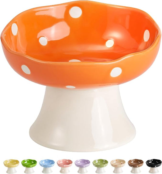 Orange Mushroom Cat Bowl, Elevated Ceramic Bowl for Cats | Elevated, Ceramic, Whisker Friendly, Anti Vomitin,Cute Mushroom Design