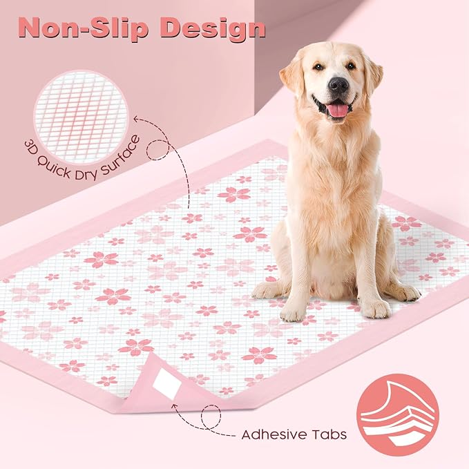 MIZOK Pink Puppy Pads with Adhesive Tabs Disposable No Leak XL 28x34in 40Ct | Cute Cherry Blossom Prints Provide 6 Layer Protection Extra Absorbent Doggy Pads Designed for Clean Daily Indoor Use