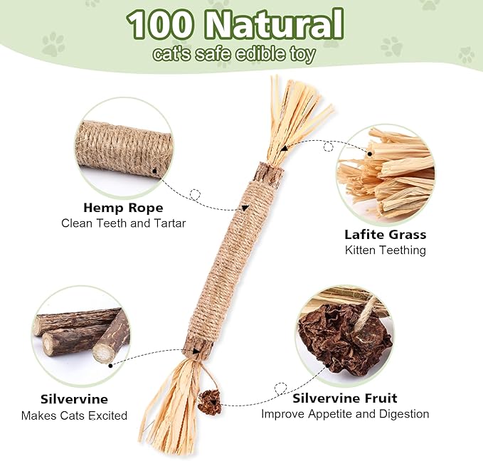WOUSEDO 8 Pack Catnip Chew Toys for Cats,Cotton Sisal Rope Toys,Cat Natural Silvervine Sticks,for Cat Teeth Cleaning and Dental Care,Interactive Toy for Bored Indoor Cats