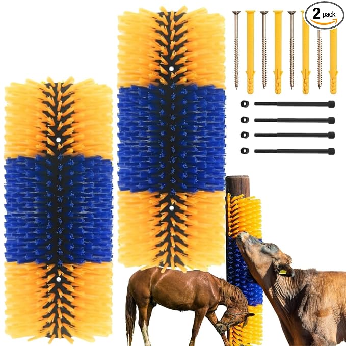 Livestock Scratching Brush 2 Pack, Itch Relief Goat Scratching Post | Horse Cow Goat Brushes for Scratching, Self-Grooming, Upgraded No-Strip Screws for Easy Install Barn Farm, Protects Fence