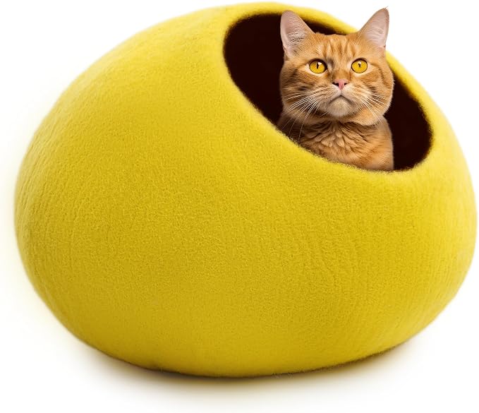 Luxurious Merino Wool Cat Cave - Foldable Hideaway Pod for Indoor Cats - Premium Felt Kitten Pet Enclosure - Covered Cat House for Ultimate Cozy Comfort by Woolygon (Yellow Plain)