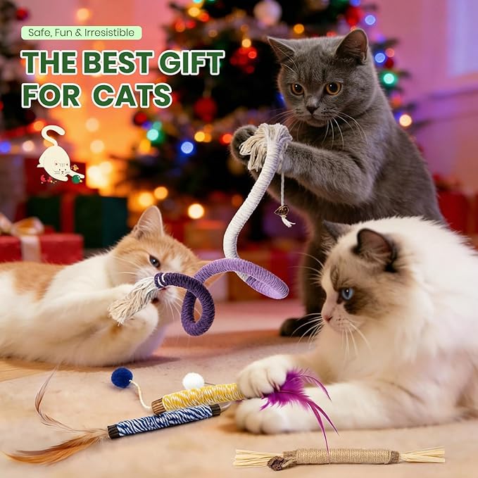Silvervine Sticks for Cats and Cat Chew Rope Toy for Dental Care Teeth Cleaning&Anxiety Relief,Interactive Catnip Toys for Bored Indoor Cats（9pcs）