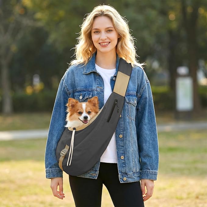 Dog Carrier Sling for Small Dogs/Cats Up to 15 lbs - Multi-Pocket Oxford Pet Sling Carrier Bag with Adjustable Strap (Black)