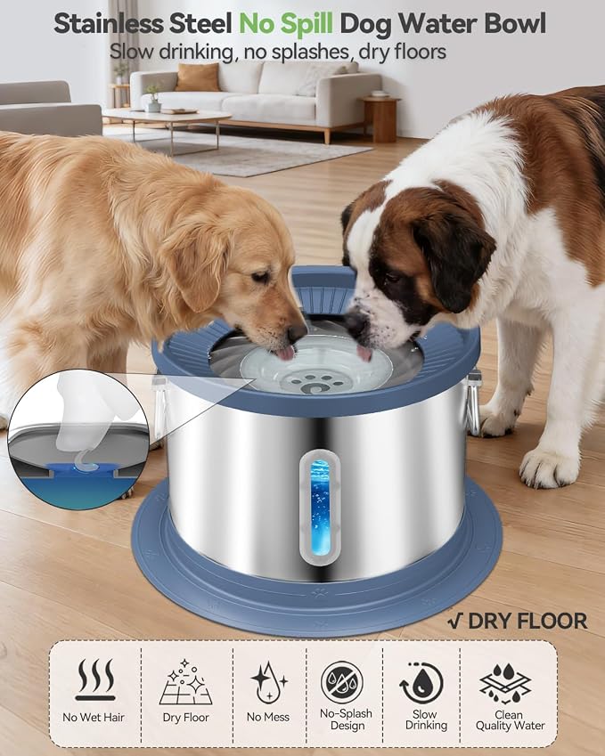 UPSKY 14L No Spill Dog Water Bowl, Spill Proof Slow Drinking for Large Dogs | Extra-large Capacity, 304 Stainless Steel, Dual-suction Anti-slip Base, Floating Disk, Water Window, For Messy Drinkers, Blue