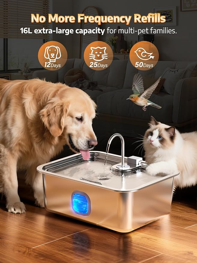 4.2Gal Dog Water Fountain for Large Dogs, 16L Stainless Steel Large Dog Fountain Water Bowl with Deeper & Wider Drinking Tray, Automatic Pet Water Dispenser with Visible Window (with 7 Filters)