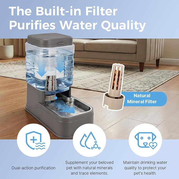 Automatic Cat Feeder and Water Dispenser with Stainless Steel Bowl with Ice Pack Gravity Food Feeder and Waterer Set Feeding Raised Bowls with Filter for Dog 1.3 Gallon x 2(Grey)