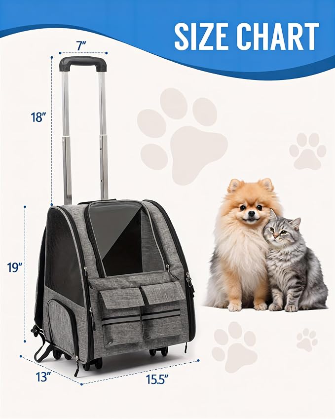 Rolling Pet Carrier with Wheels, Polyester, Soft-Sided Collapsible, Large, Travel, with Telescopic Handle and Folding Bowl (Purple Wheeled Carrier Set)