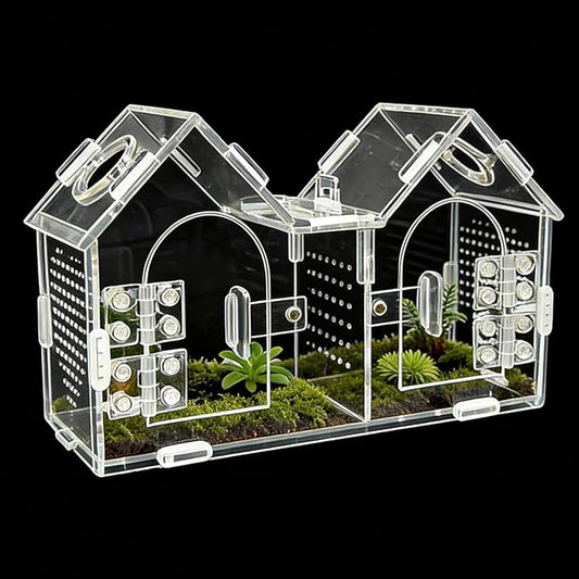 Jumping Spider Enclosure, Acrylic Terrarium with Partition Divider (1-2 Compartments), Dual Magnetic Doors & All-Side Ventilation, Jumping Spiders, Tarantulas, Mantis, GeckosHabitat, 9.6x4.2x5.8