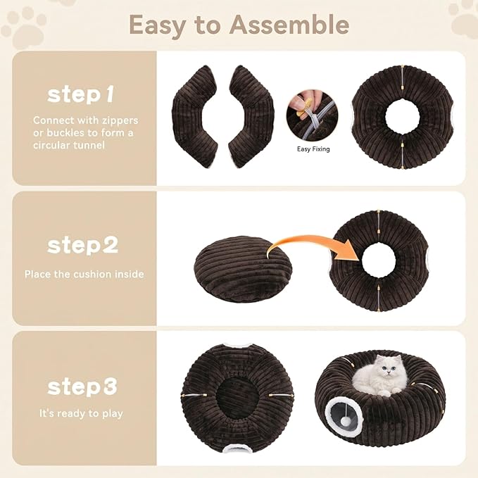 Dogpals Cat Tunnel Bed Cave 33" Lx10 Wx10 H for Indoor Cats (Coffee) | Washable Cozy Cushion, Soft Striped Plush Fabric, Hideaway Peekaboo Cave for Kittens, Puppies, Rabbits & Small Pets