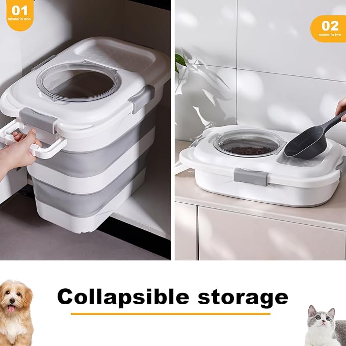 SEWIU 2pack 25 lbs Dog Food Storage Container,Collapsible Dog Food Container with Scoop,Pet/Dog/Cat/Bird Food/Cat litter Storage Containers to Keep Dry,Easy to Move.(Black+white)
