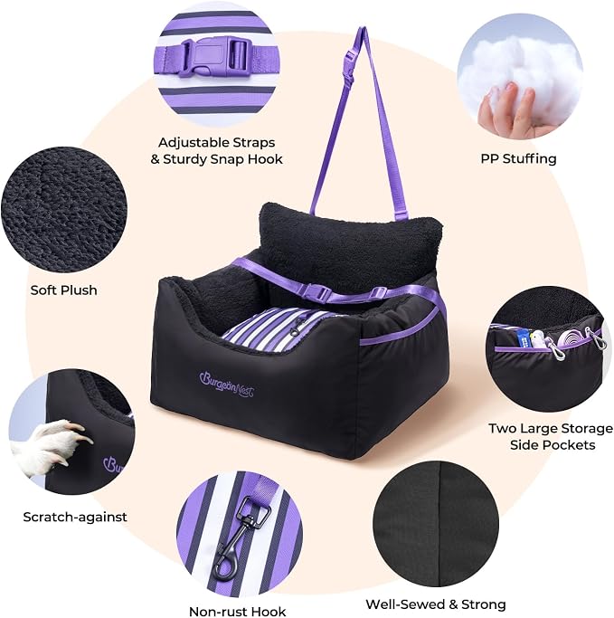 Dog Car Seat for Small Dogs & Cats Under 25 lbs, Black Purple