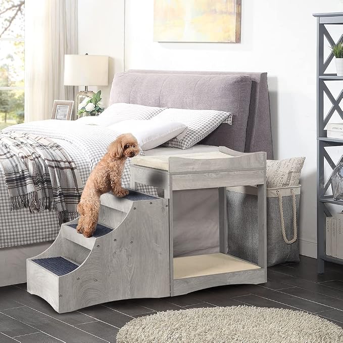 unipaws Pet Bunk Bed with Removable Step for Dog and Cat, Window Perch Seat | Multi-Level Bed with Cushion and Cat Scratch Pad, Indoor Use, Grey
