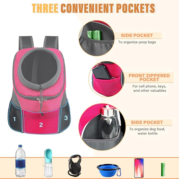 YUDODO Dog Front Carrier Backpack, Adjustable Breathable Dog Backpack | Ventilated, Safety Belt, Lightweight, Reflective Strip, Pocket Storage, For Walking Hiking Outdoor, Rose, M
