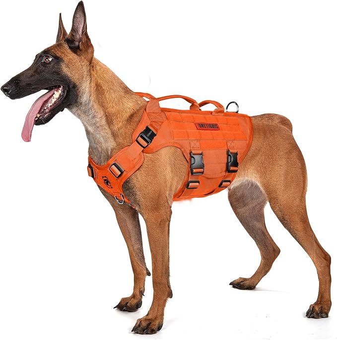 OneTigris Large Tactical Dog Harness, No Pulling Adjustable Dog Vest Harness, Heavy Duty Dog Harness with Handle, Large Hook and Loop Panels for Patch(Orange,S)
