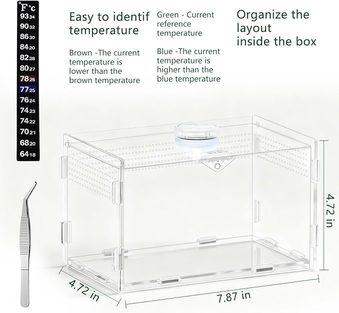 Acrylic Jumping Spider Enclosure, Small Reptile Insect Terrarium, Spider Tank with Magnetic Door & All-Side Vent, Pre-Assembled Habitat for Spiderling, Mantis, Tarantula, Snail 4.7" * 4.7" * 7.8"