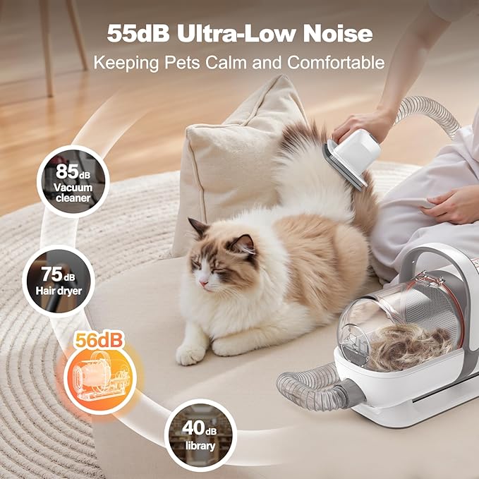 Afloia 6-in-1 Dog Grooming Vacuum Kit, Pet Clipper & Nail Grinder, White | All-in-one grooming covers brushing, clipping, trimming and nail care, 1.5L dust cup, 3 suction levels, low-noise comfort