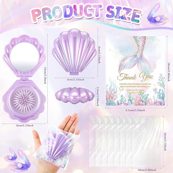 LemonRoad 24 Sets Mermaid Party Favors Shell Hair Brush with Mirror Card, Foldable Mini Travel Compact Hair Brush for Women Birthday, Bachelorette, Under The Sea, Beach Party Gifts(Purple)
