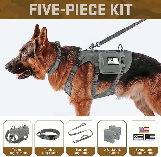 Forestpaw Tactical Dog Harness Tactical Dog Collar with Bungee Leash Set,No Pull Military Dog Harness for Walking Training,Adjustable for Medium Dogs,Gray,Chest 17-25"