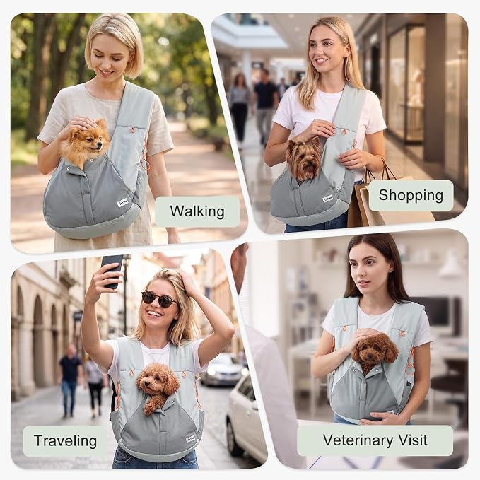FURTIME Dog Sling Carrier, Puppy Sling for Small Dogs Up to 16 lbs | 2-in-1 Backpack and Shoulder Bag, Hands-Free Pet Carrier with Safety Tether & Adjustable Strap for Outdoors, Grey