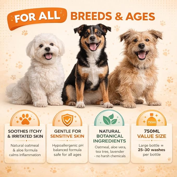 Dog Shampoo for Itchy Skin Relief - Natural Anti Itch Formula with Aloe Vera & Tea Tree Oil 750ml - Hypoallergenic Shampoo for Dogs Allergies Hot Spots Sensitive Skin - pH Balanced Pet Wash All Breeds