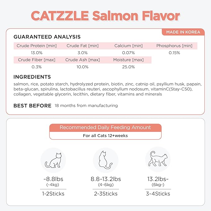 CATZZLE Cat Treats, Dental Chews for Indoor Cats, Cat Teeth Cleaning, Dental Care Snacks - Hairball Control (Salmon Flavor), 20 Sticks (5 oz.)