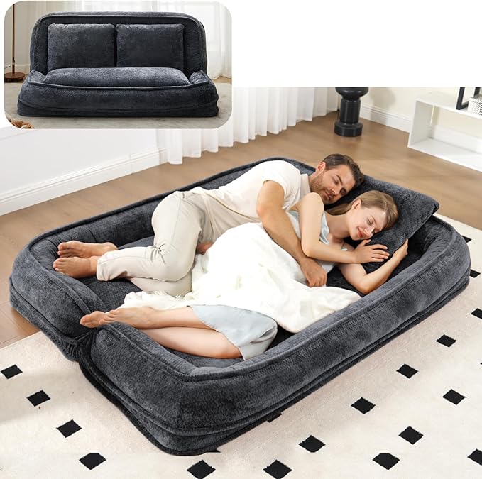 Foldable Lazy Sofa Bed, Double Human Dog Bed for Adults, Dark Gray | Skin-friendly Breathable Soft Chenille Upholstered, 5 Adjustable Backrest Positions, 3 Soft Cushions for Living Room