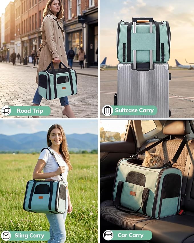 Morpilot Pet Carrier for Large Cats, Puppies & Small Dogs Up to 20lbs | Escape-Proof with Locking Zippers, Dual-Sided Cushion, Safety Buckle for Car & Vet Travel, Includes Foldable Bowl (Green)