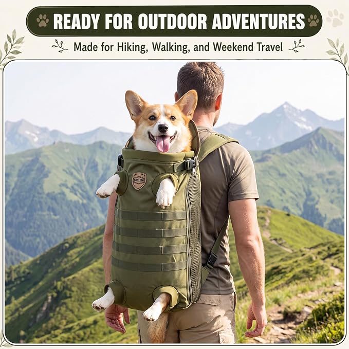 Dog Carrier Tactical Backpack for Medium Large 26-40lbs, Dog Soft Hands-Free Legs Out Pet Cat Front Carrier Backpack Facing Travel Bag for Outdoor Traveling Hiking Camping Bike(Green)