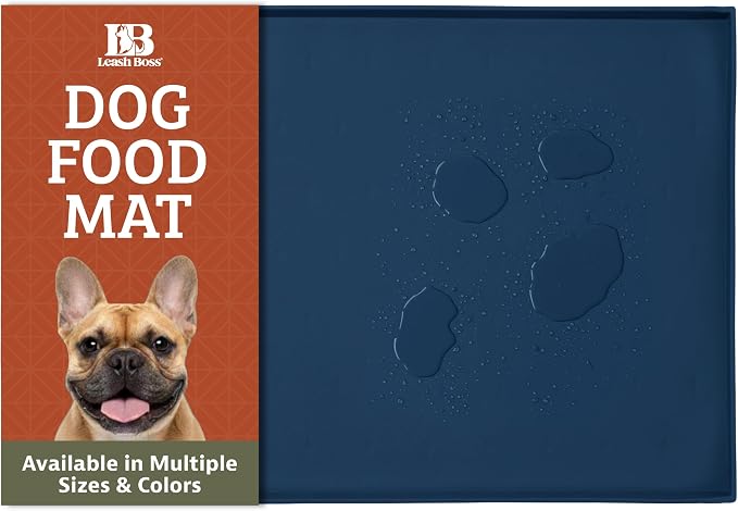 Leash Boss Dog Food Mat - Waterproof Cat & Dog Bowl Mat for Food and Water, Silicone Pet Feeding Mats for Floors, Non-Slip Placemat with High Edges, Puppy Essentials (Small: 18"x11", Navy)