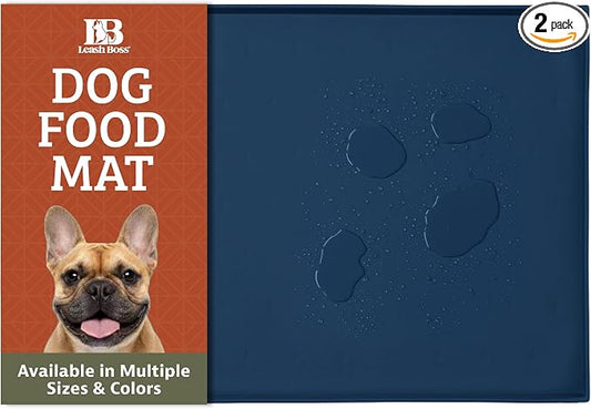 Leash Boss Dog Food Mat - Waterproof Cat & Dog Bowl Mat for Food and Water, Silicone Pet Feeding Mats for Floors, Non-Slip Placemat with High Edges, Puppy Essentials (ML: 20"x13", Navy)