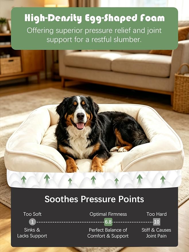 Spotted Play Orthopedic Dog Bed with Sides - Sofa Beds for Extra Large Dogs, Supportive Foam Pet Couch Bed with Washable Removable Cover, Waterproof Lining and Non-Slip Bottom, Ivory - XL-Plus