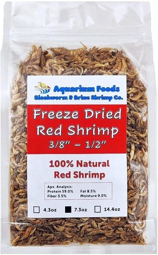 Aquatic Foods Inc. Red Shrimp, 3/8" to 1/2" Floating Freeze Dried Red Shrimp for All Tropical Fish, Cichlids, Medium Size Catfish, Marines, Pond Fish, Turtles, Hamsters, Reptiles…7.3oz Clear Bag