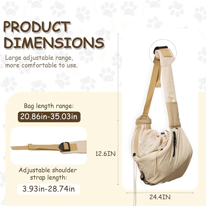 Dog Carrier Sling for Small Dogs/Cats Up to 15 lbs - Multi-Pocket Oxford Pet Sling Carrier Bag with Adjustable Strap (Beige)