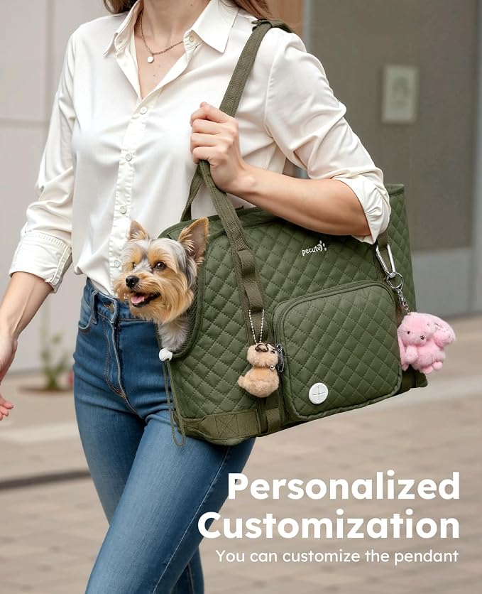Pecute Dog Purse Carrier, Dog Carrier with Pockets for Small Dogs, Fits Dogs 5 lbs to 9 lbs, Cat and Puppies Tote Bag, Outing, Travel, Vet, Green | Breathable,Foldable,Large Pocket,Built-in safety Rope,Machine washable,Under 9 Lbs